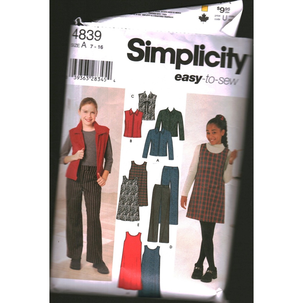 Simplicity 4839 Girls Sewing Pattern Vest Shirt Pants Jumper Size A 7-16 cut